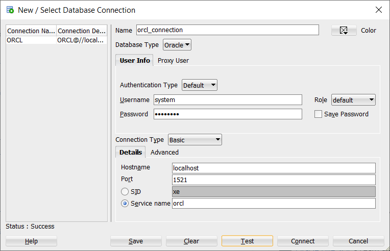 Window of New / Select Database Connection that shows the parametters needed to connect to the database using SQL Developer.