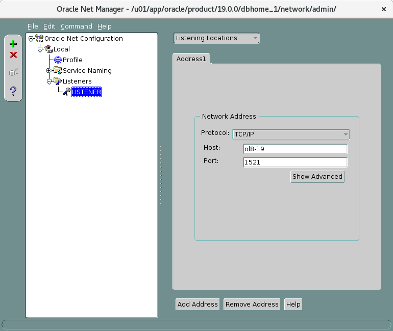 Window of Net Manager tool of Oracle database showing how to set a Linstner..