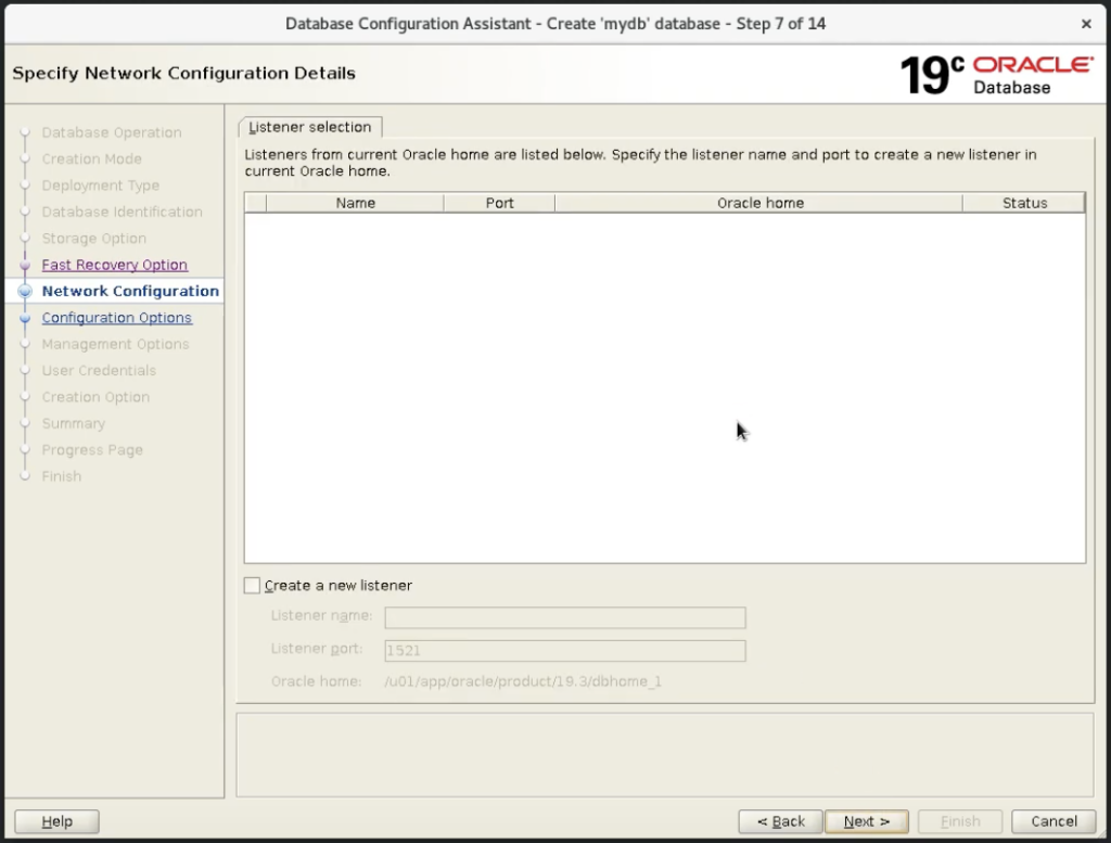 Window of the Oracle Database Configuration Assistant showing how to create a listner during the database creation. 